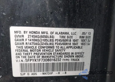 2013 Honda Ridgeline Sport z USA, uszkodzony, nr VIN 5FPYK1F73DB016232